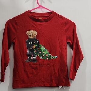 Polo by Ralph Lauren Red Long Sleeve Kids Tee with Bear and Tree